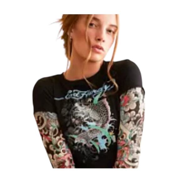 Ed Hardy Layered Tattoo Sleeve Koi Fish Black Graphic T Shirt Y2K Crop Top M - Picture 1 of 10